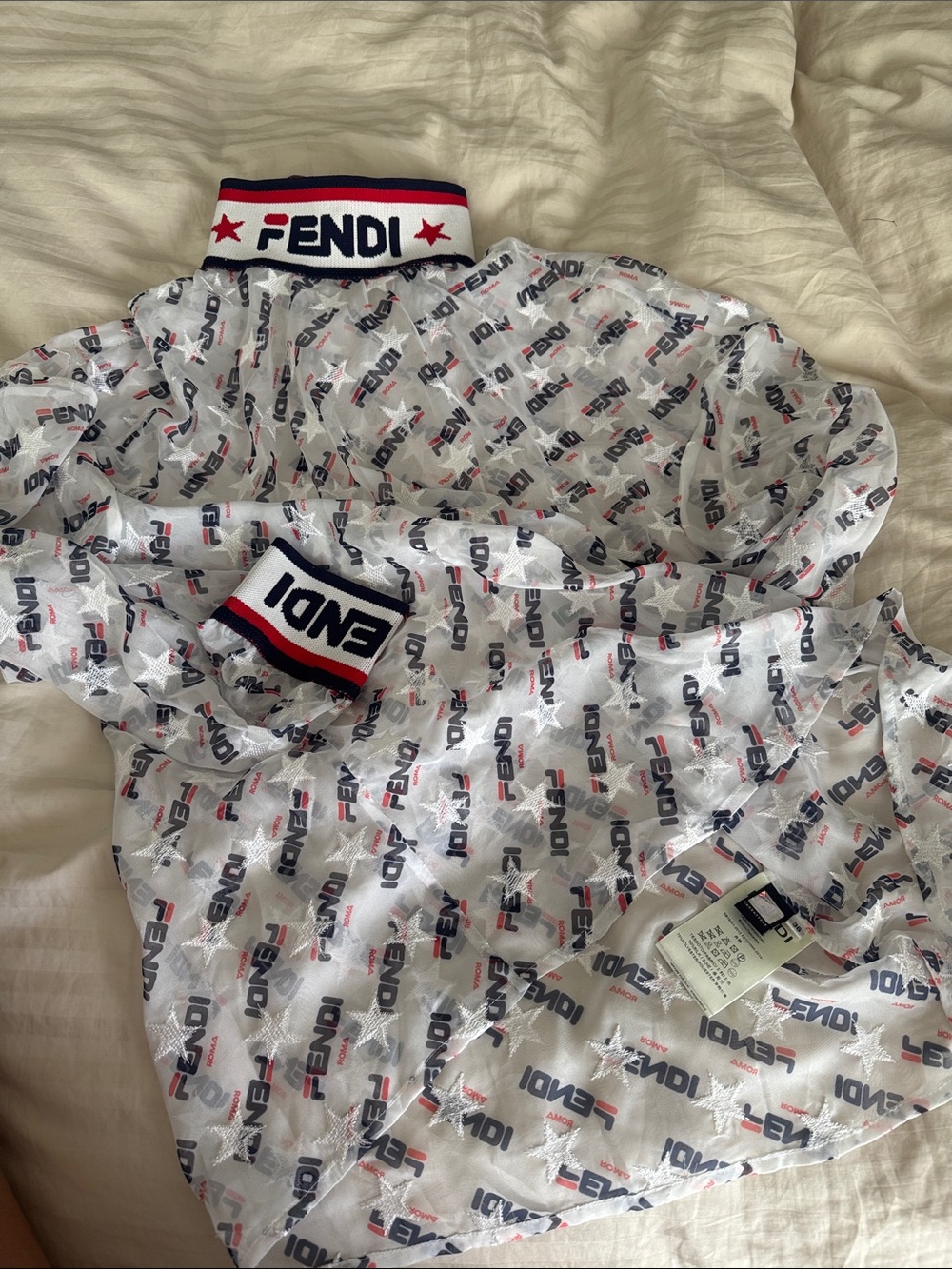 Fendi White Sheer Logo Jacket with Red and Black Trim. Vintage style ! - Picture 7 of 8